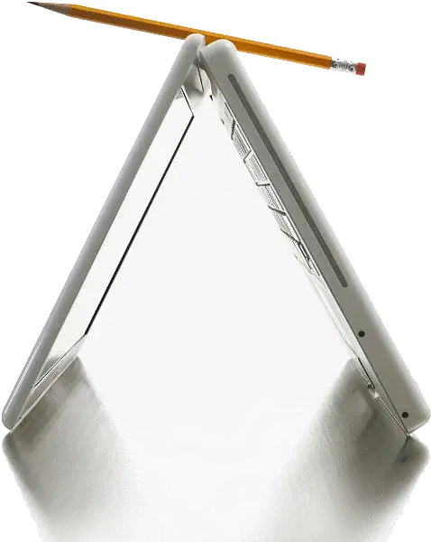 Laptop computer på højkant med balancerende blyant